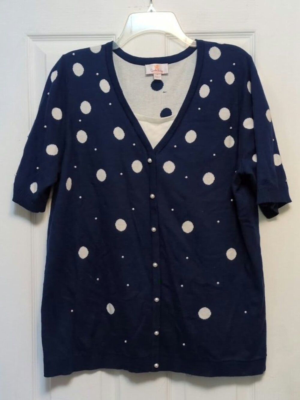 Vintage Quacker Factory Whimsy Blue Polka Dot Pearl Knit Cardigan Sweater Sz L